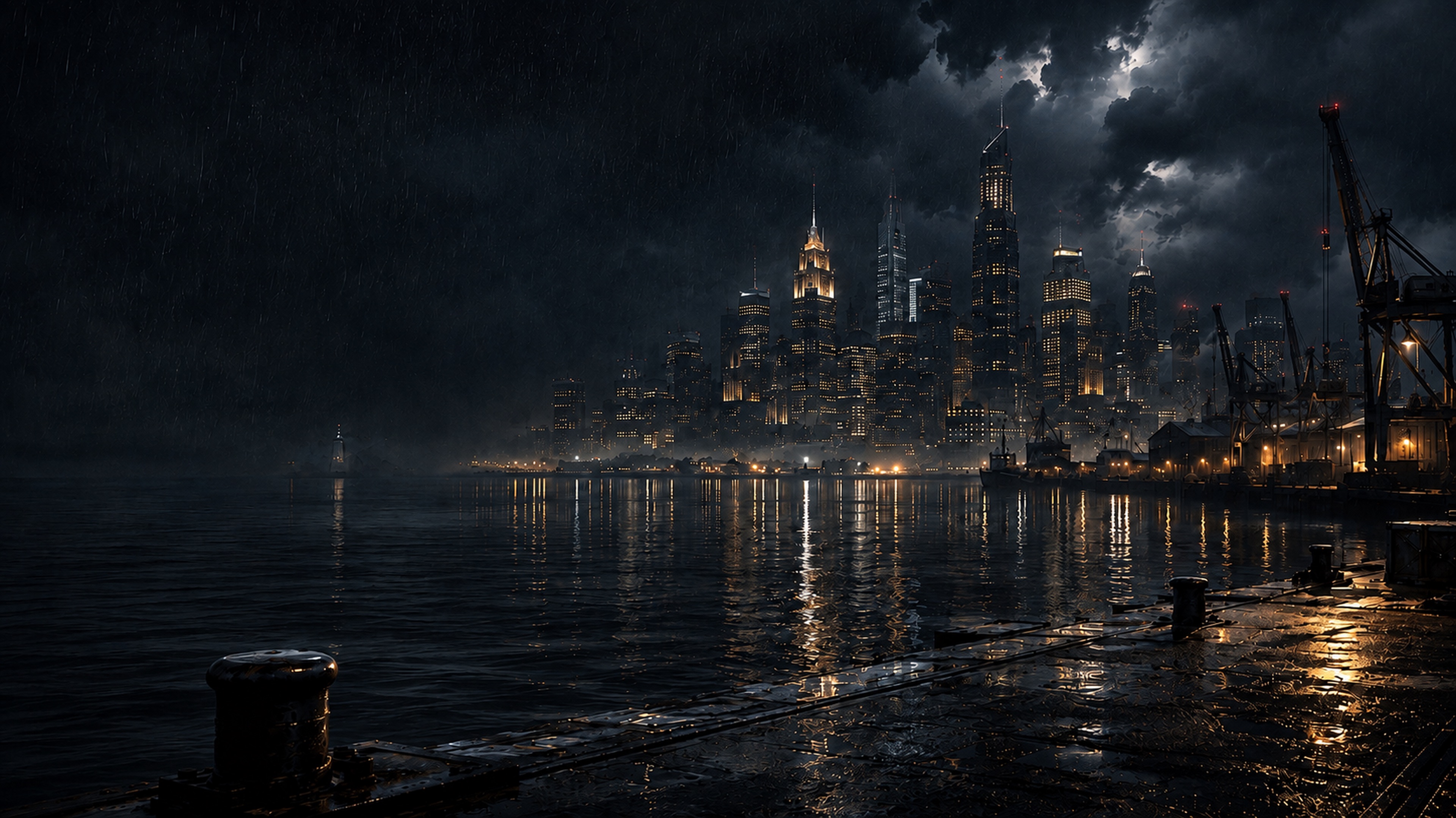 Rain over a 1930s harbor at night — cranes and piers in the foreground, lit towers across the black water.