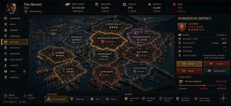 Concept interface: a night-time city map divided into outlined districts, with a side panel of district income, heat and defense.