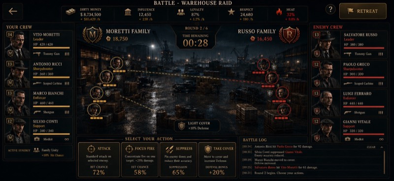 Concept interface: a rain-soaked warehouse raid between two Families, with each crew listed beside the battlefield.